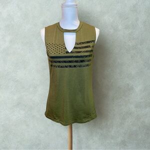 Olive Green Sleeveless Tee with Flag Design with Cutout Detail, American Pride